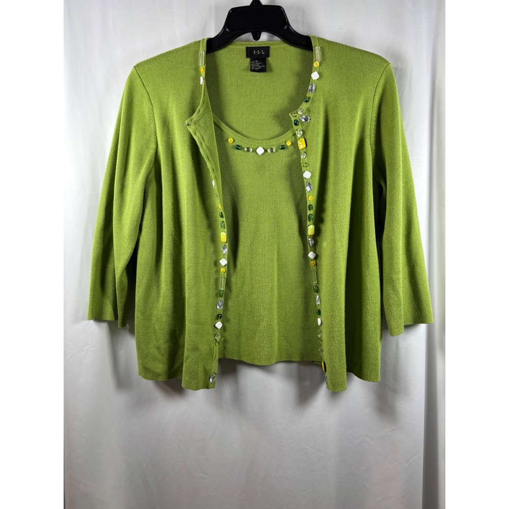 R.Q.T. Womens Lime Green Beaded Twinset Cardigan Tank Top Sweater Set XL